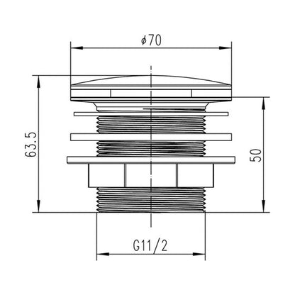 [BASB324] Balterley Bath Push Button Waste, No Overflow, for Baths up to 25mm Thick, Easy Clean Finish - Chrome - Technical Drawing