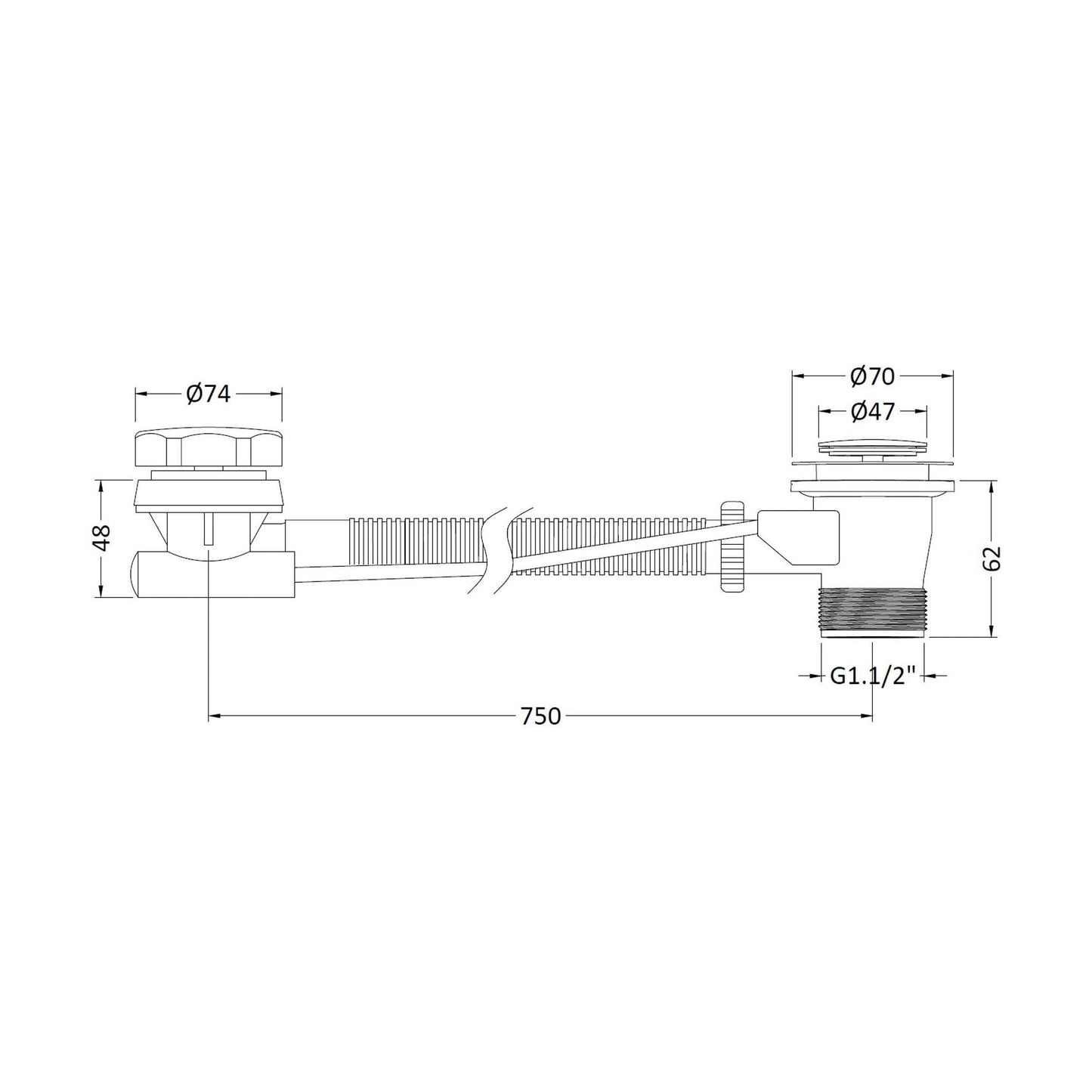 [BASB333] Extended Pop Up Bath Waste & Overflow for Baths up to 10mm Thick - Chrome - Technical Drawing