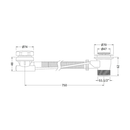 [BASB333] Extended Pop Up Bath Waste & Overflow for Baths up to 10mm Thick - Chrome - Technical Drawing