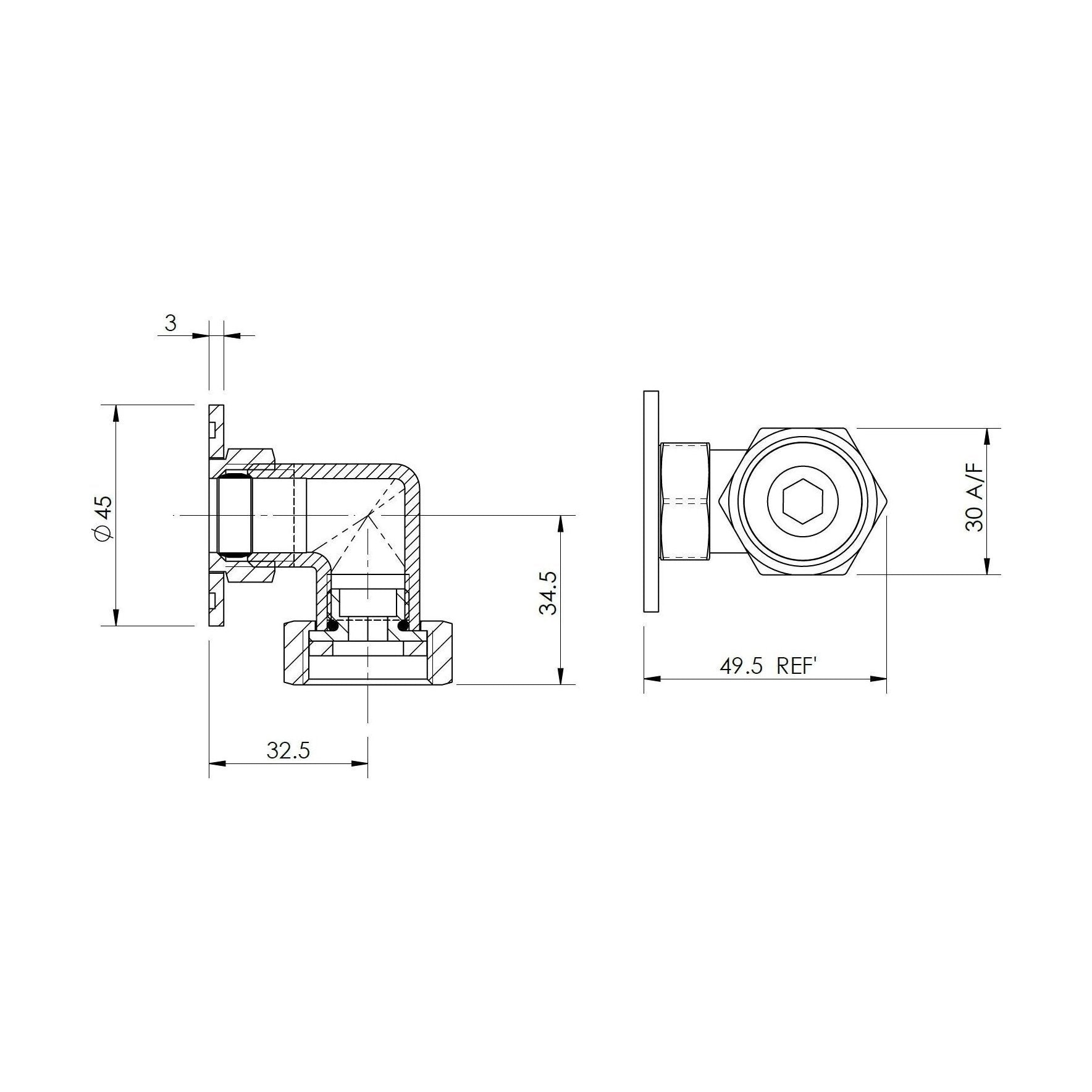 [BASE001] Back To Wall Shower Elbow - Technical Drawing
