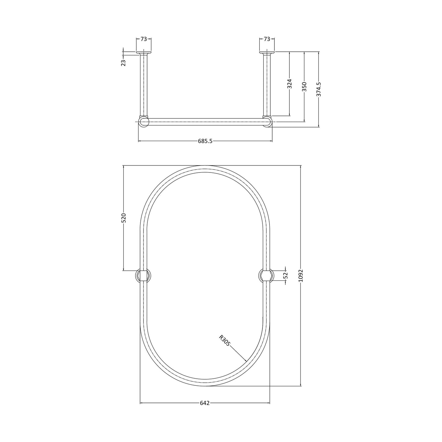 [BASR010] 1092mm Oval Shower Ring - Technical Drawing