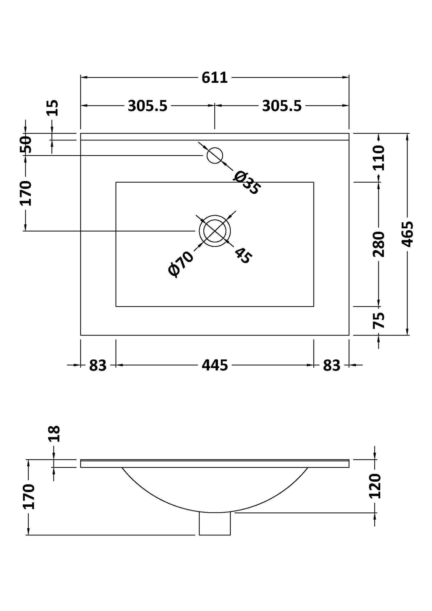 1 Tap Hole Minimalist Basin - 600mm x 460mm