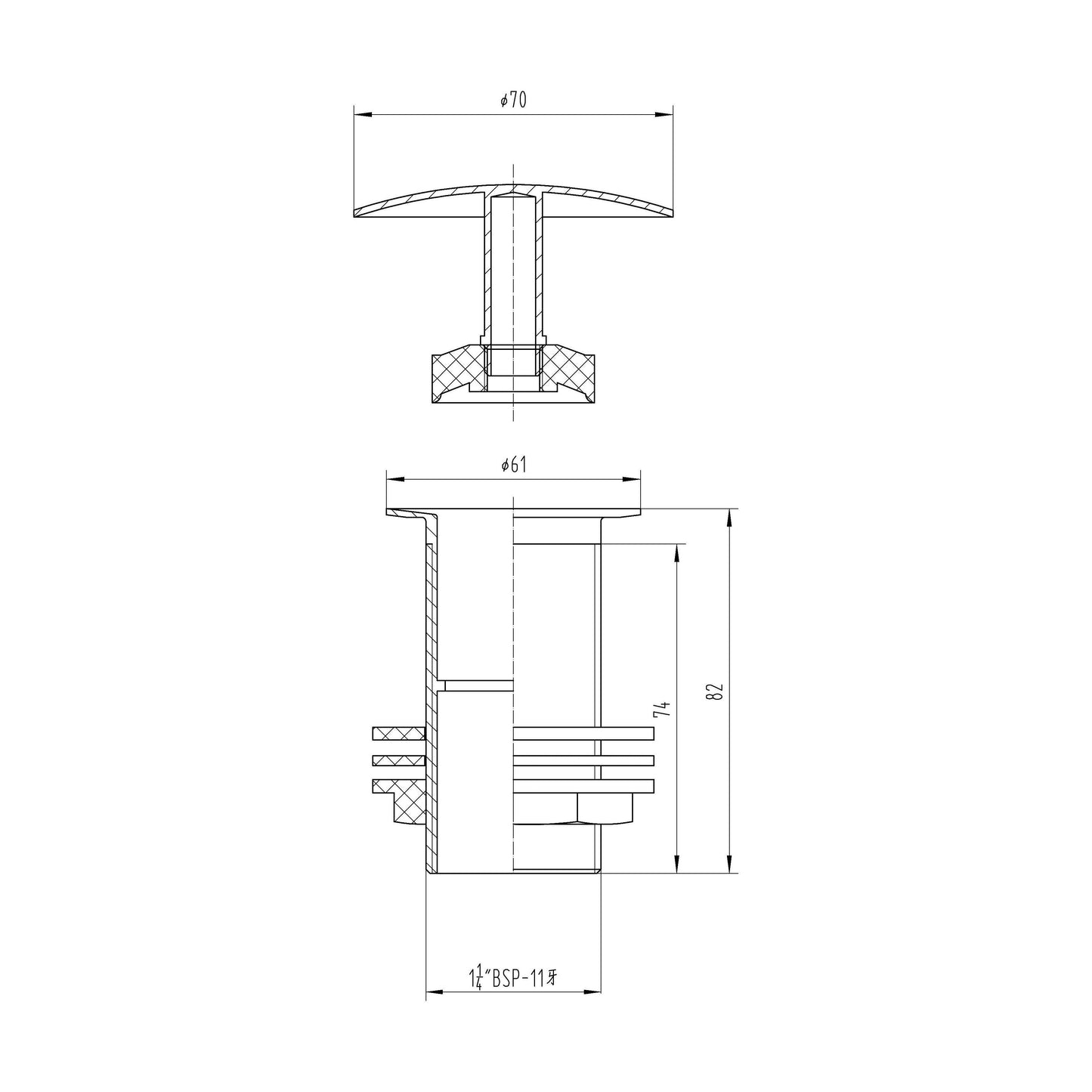 [BASW305] Round Free Running Basin Waste - Chrome - Technical Drawing