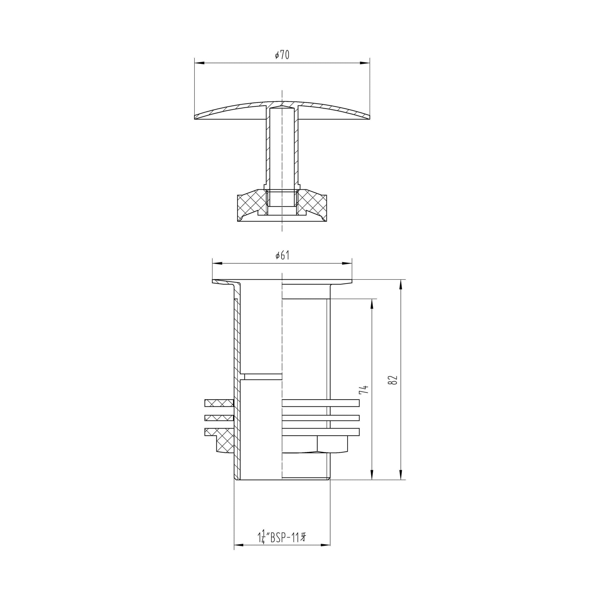 [BASW305] Round Free Running Basin Waste - Chrome - Technical Drawing