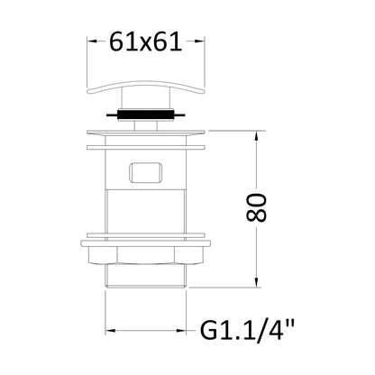 [BASW307] Square Slotted Push Button Basin Waste - Chrome - Technical Drawing