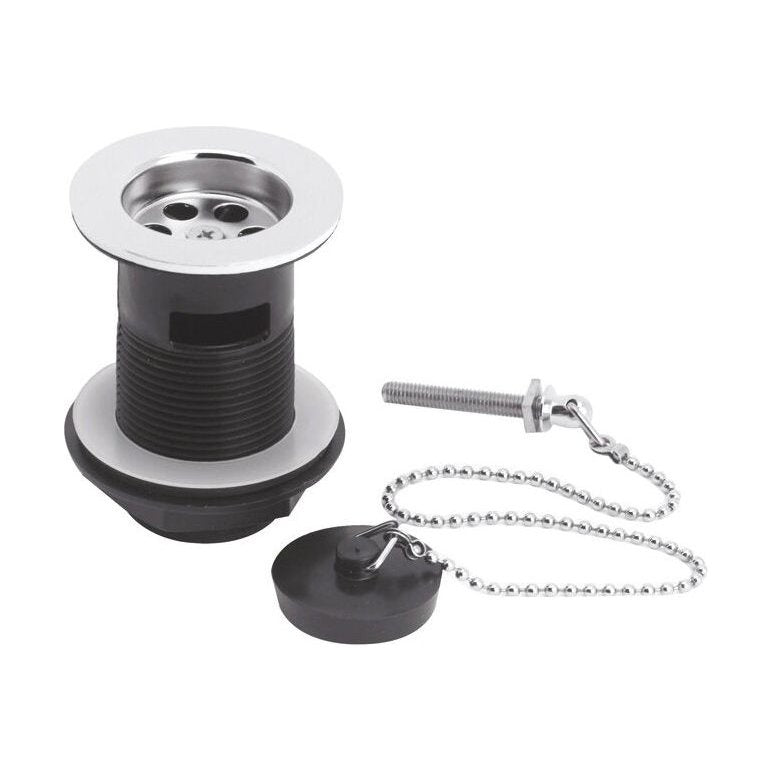 [BASW308] Balterley Basin Waste with Poly Plug & Chain, Slotted Round Design, Durable Build, 61mm x 81mm - Chrome/Black - Cutout