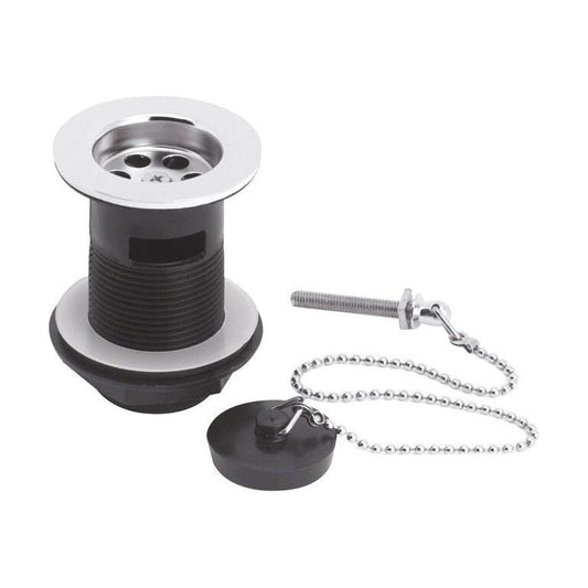 [BASW308] Balterley Basin Waste with Poly Plug & Chain, Slotted Round Design, Durable Build, 61mm x 81mm - Chrome/Black - Cutout
