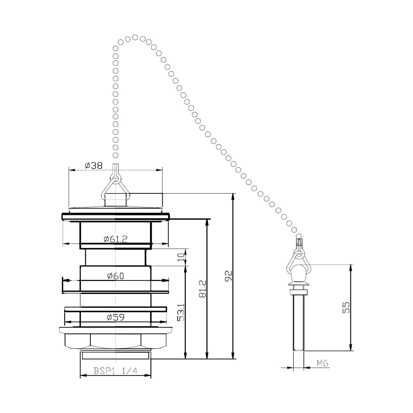 [BASW308] Balterley Basin Waste with Poly Plug & Chain, Slotted Round Design, Durable Build, 61mm x 81mm - Chrome/Black - Technical Drawing