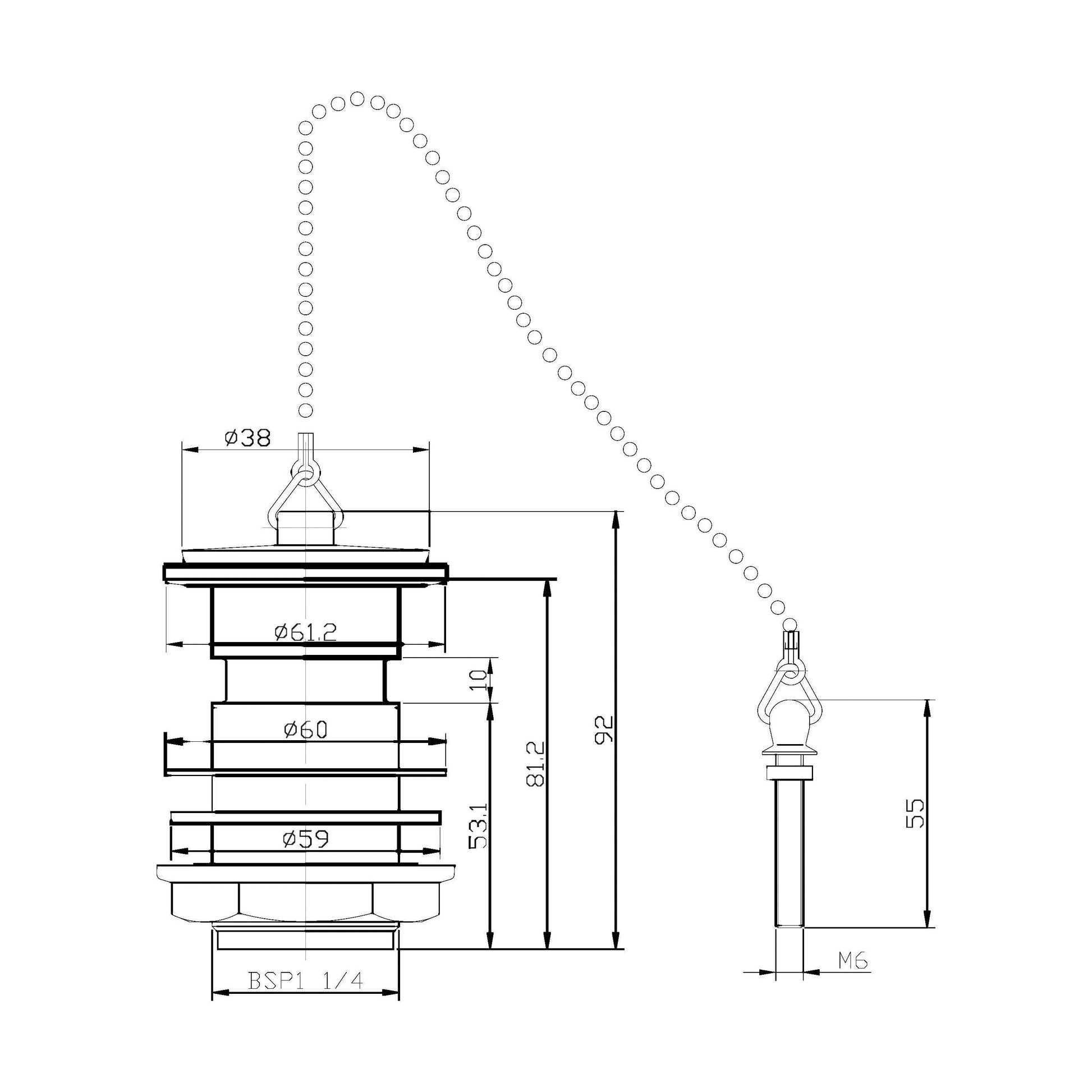 [BASW308] Balterley Basin Waste with Poly Plug & Chain, Slotted Round Design, Durable Build, 61mm x 81mm - Chrome/Black - Technical Drawing