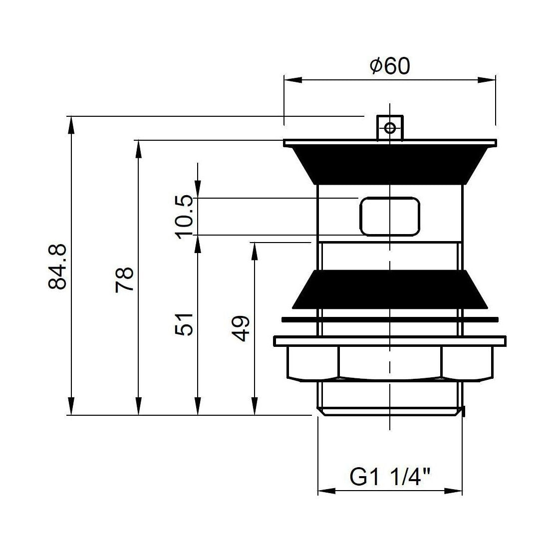 [BASW314] Balterley Basin Waste with Brass Plug & Chain, Slotted Round Design, Durable Build, 60mm x 88mm - Chrome - Technical Drawing