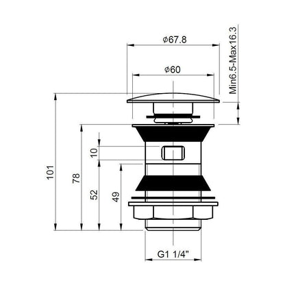 [BASWR07] Round Stainless Steel Push Button Basin Waste Slotted - Chrome - Technical Drawing