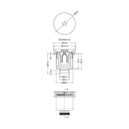 [BATW001B] Straight Shower Tray Waste Bottom Outlet - Technical Drawing