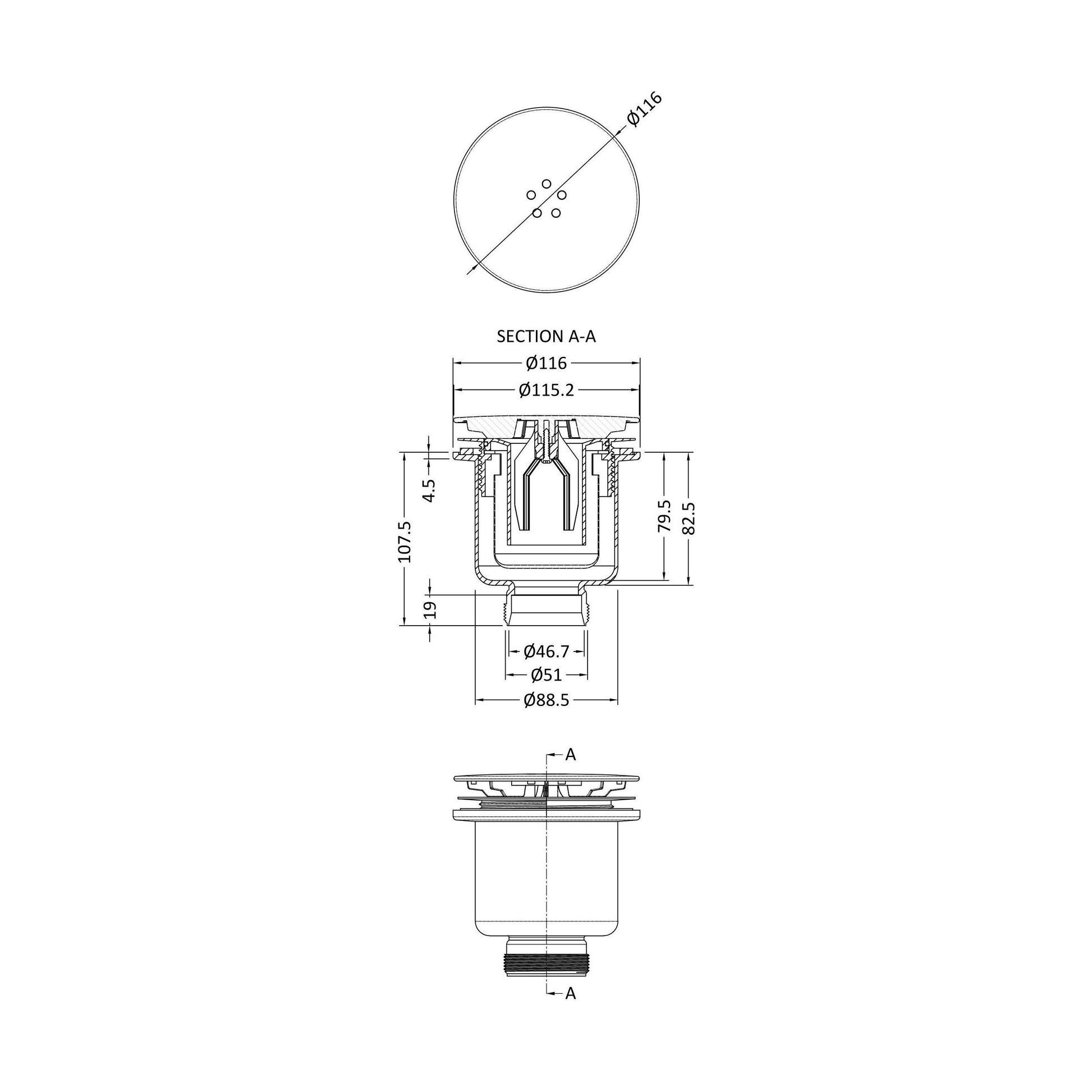 [BATW002B] Straight Shower Tray Waste Bottom Outlet - Technical Drawing