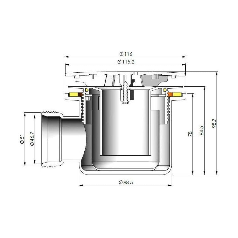 [BATW002] Contemporary Fast Flow Shower Tray Waste with Cover - Multiple Finishes (116x116x99mm) - Technical Drawing