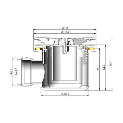 [BATW004] Contemporary Fast Flow Shower Tray Waste with Cover - Multiple Finishes (116x116x99mm) - Technical Drawing