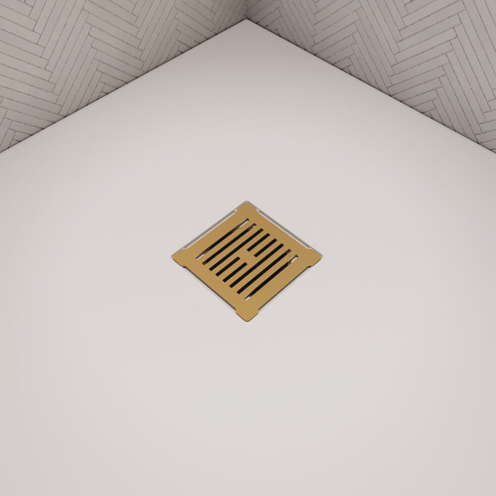 [BATW005S] Balterley Resin Slimline Shower Tray Grill Waste with Trap & Top, Fast Flow Design - Brushed Brass/White - Lifestyle 1