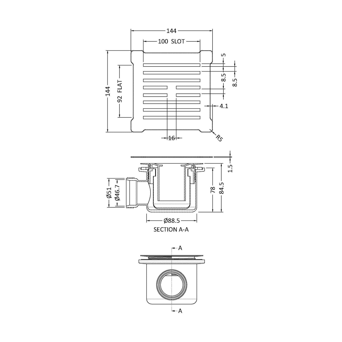 [BATW006S] Contemporary Resin Slimline Shower Tray Grill Waste - Choice of Colour - Technical Drawing