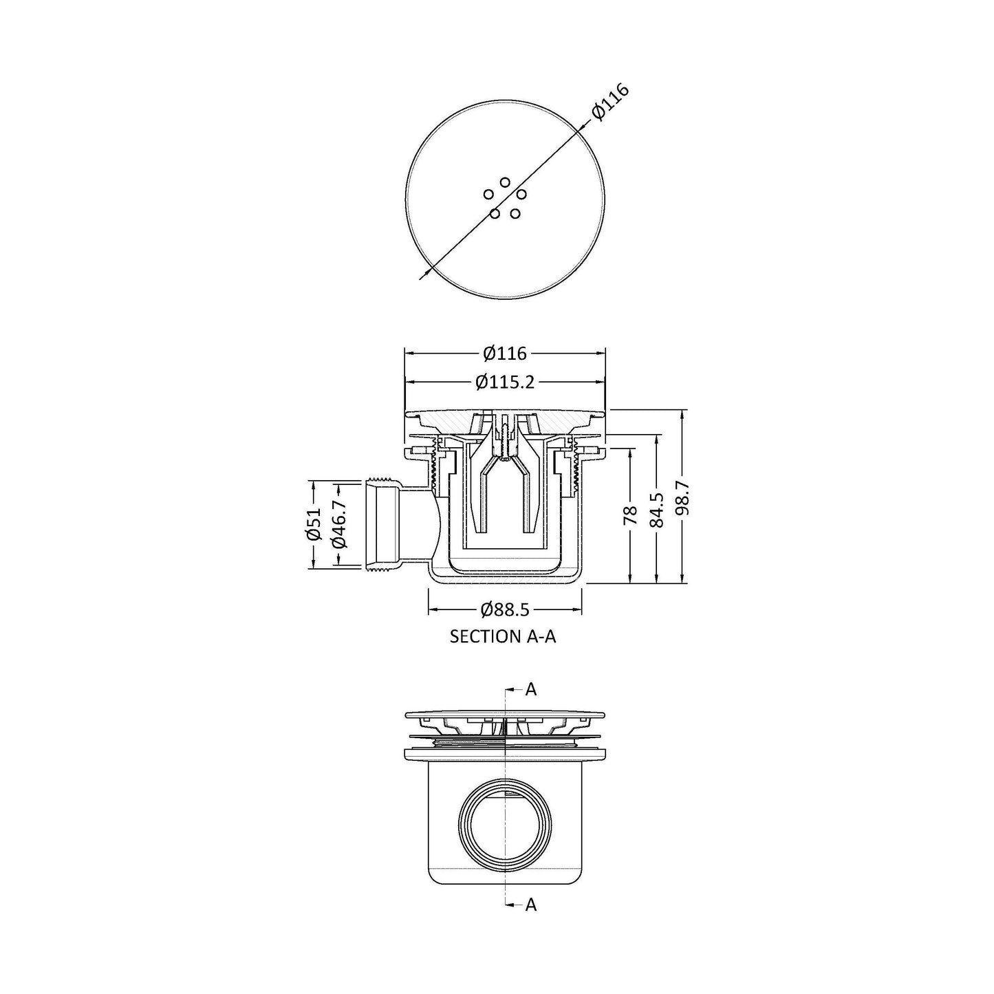 [BATW008] Contemporary Fast Flow Shower Tray Waste with Cover - Multiple Finishes (116x116x99mm) - Technical Drawing