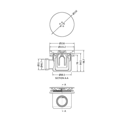 [BATW008] Contemporary Fast Flow Shower Tray Waste with Cover - Multiple Finishes (116x116x99mm) - Technical Drawing