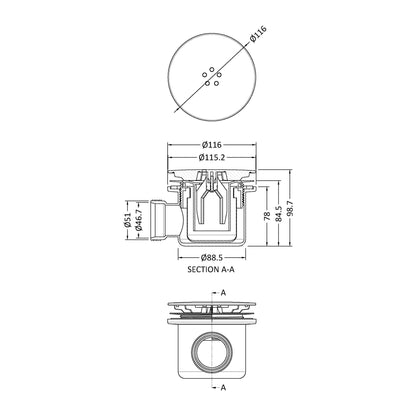[BATW015] Contemporary Fast Flow Shower Tray Waste with Cover - Multiple Finishes (116x116x99mm) - Technical Drawing