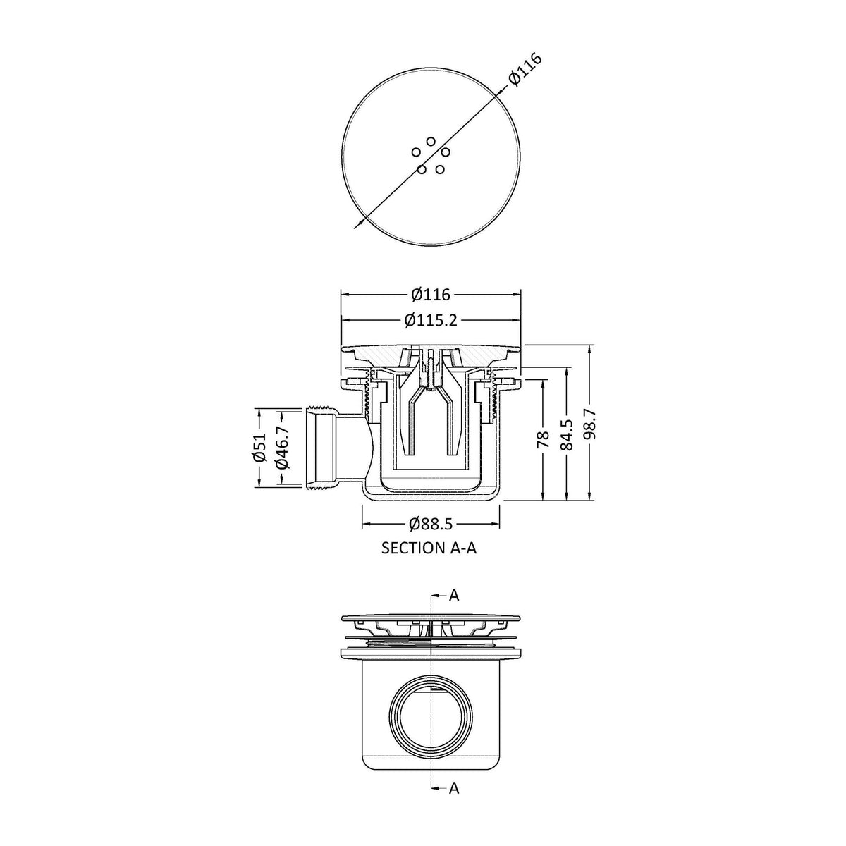 [BATW016] Contemporary Fast Flow Shower Tray Waste with Cover - Multiple Finishes (116x116x99mm) - Technical Drawing
