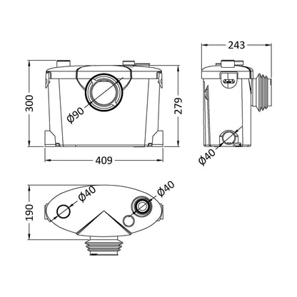 [BAWP400] Bathroom 4 Inlet Macerator Waste Pump System, 400W, 270 x 398 x 230mm, White - Technical Drawing