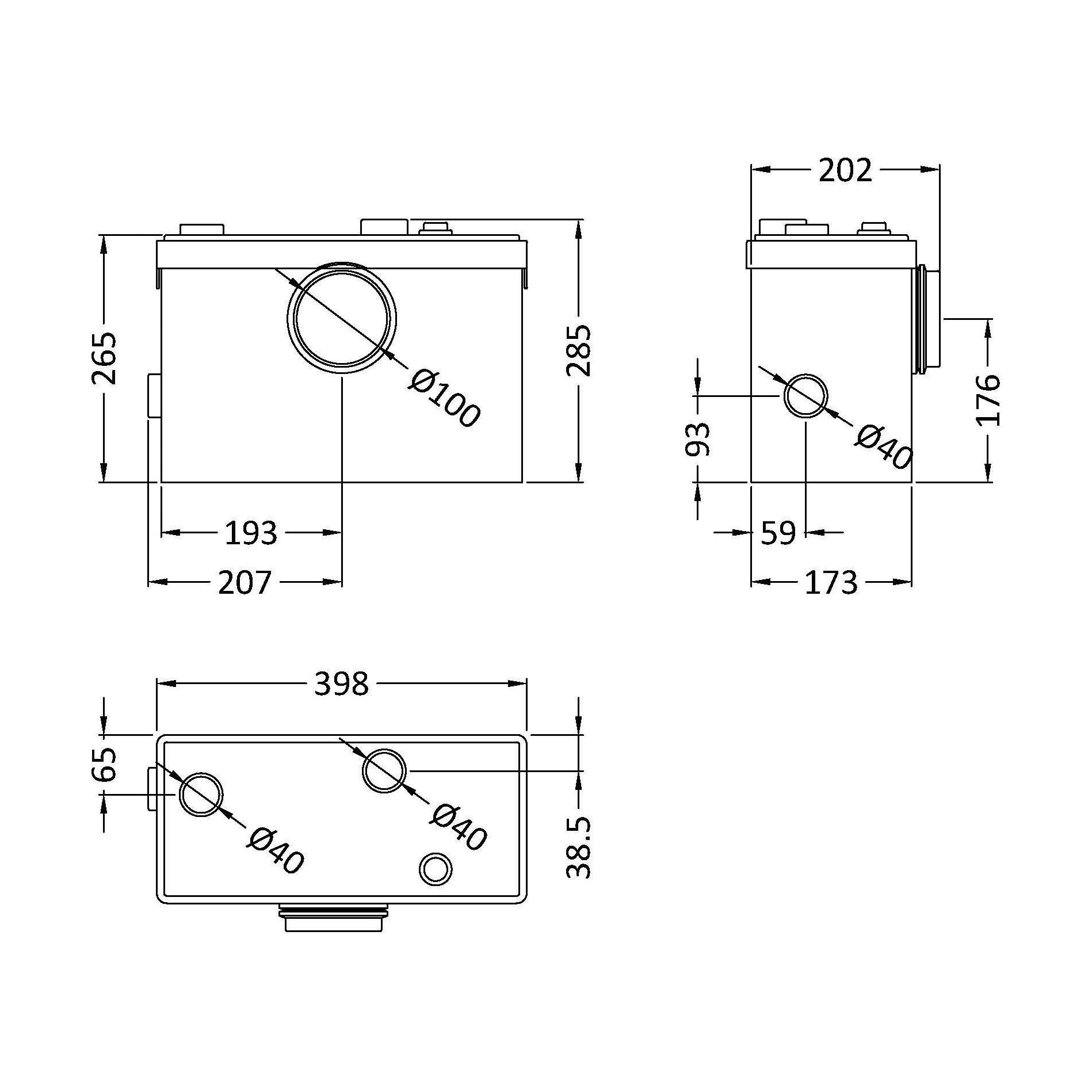 [BAWP600] Bathroom 3 Inlet Macerator Waste Pump System, 600W, 270 x 398 x 230mm, White - Technical Drawing