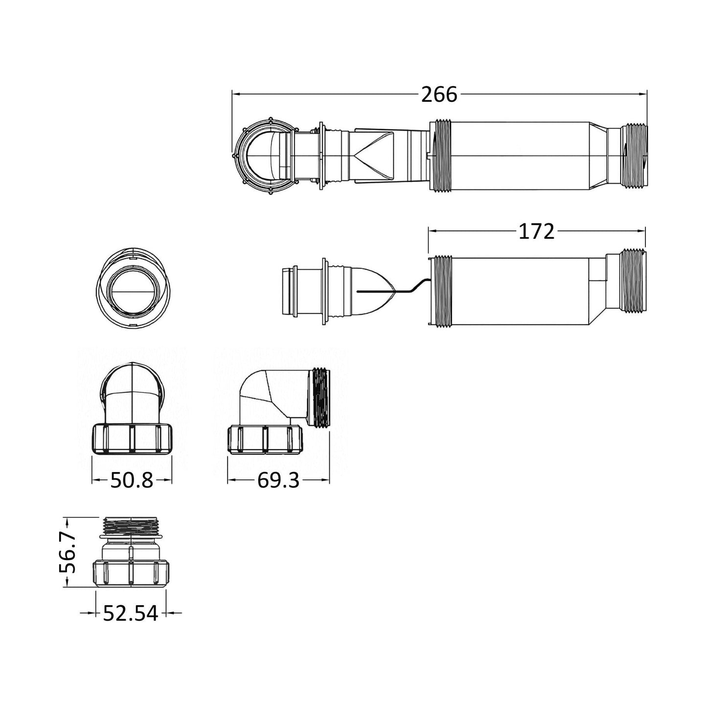 [BAWT323] Balterley Basin Waste Trap for Furniture Basins, Flexible Adjustable Design, Easy Fit 54mm x 54mm - White - Technical Drawing