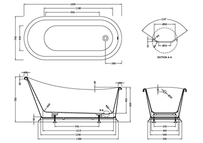 Bayswater Slipper 1690mm Boat Freestanding Bath
