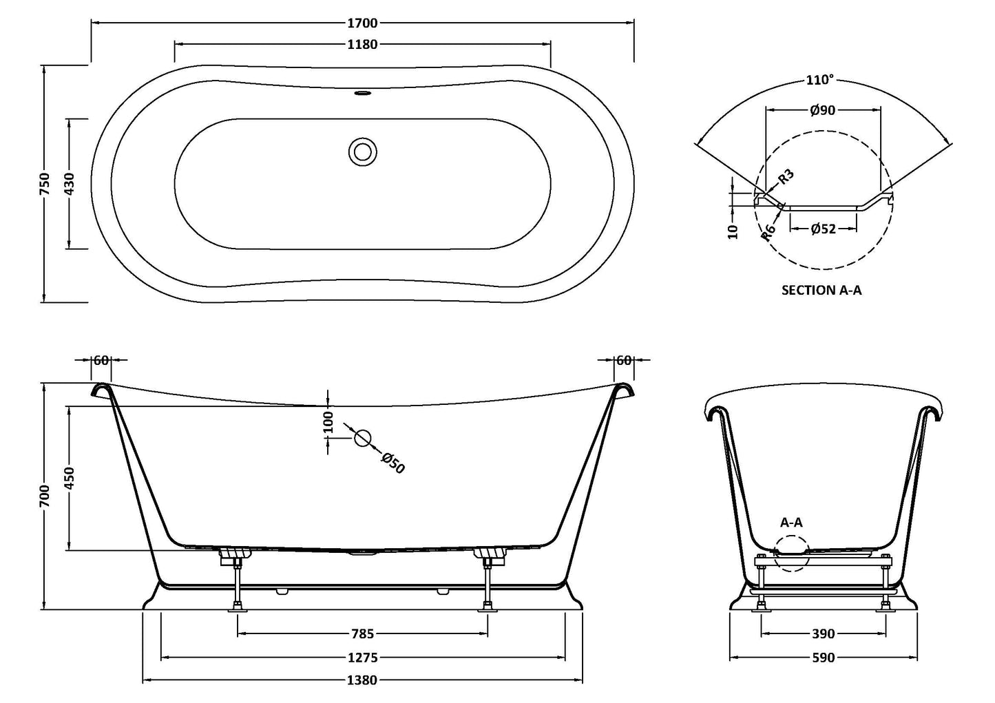 Bayswater 1700mm Boat Freestanding Bath