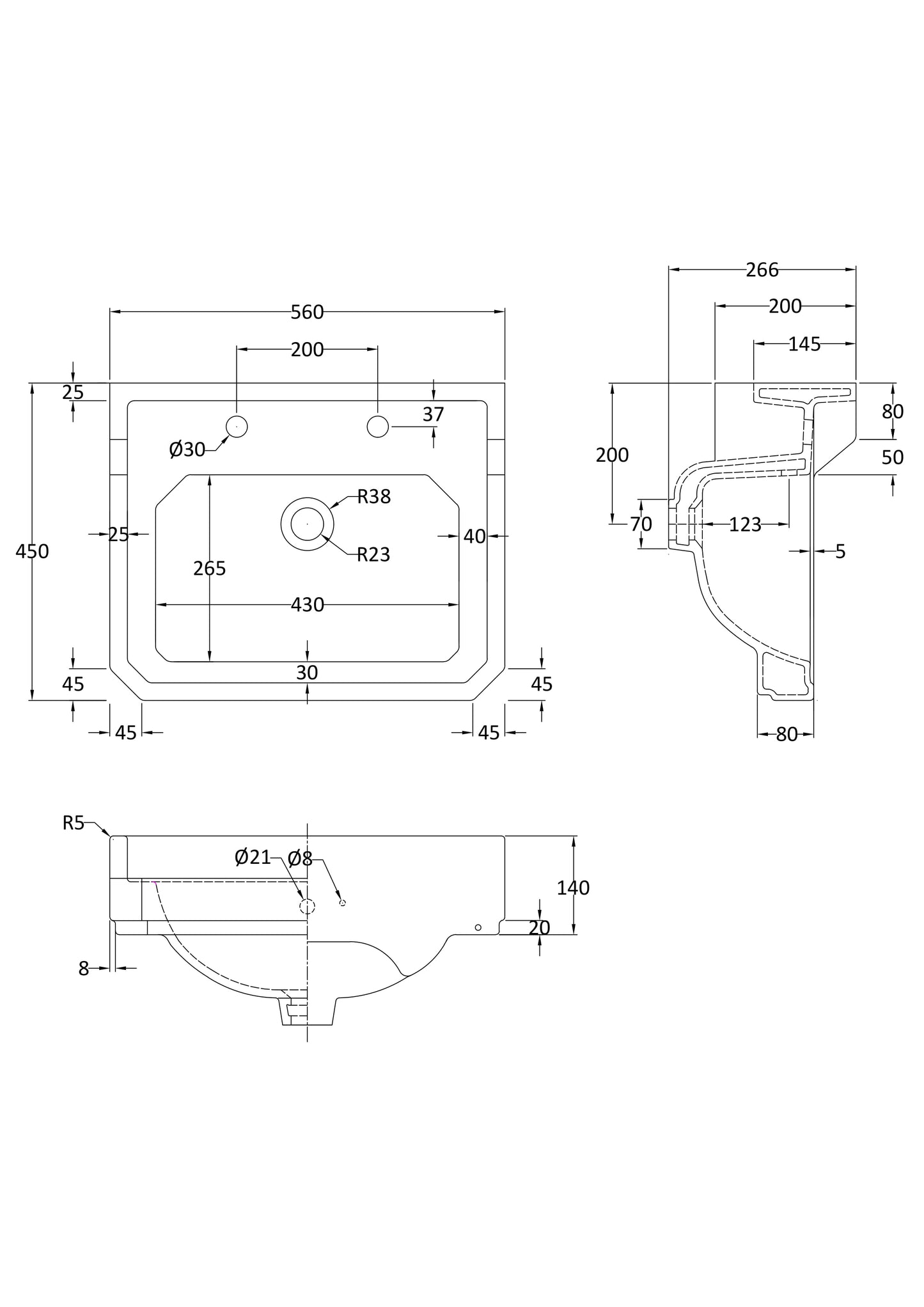 Fitzroy 560mm Basin 2 Tap Hole, Excluding Pedestal