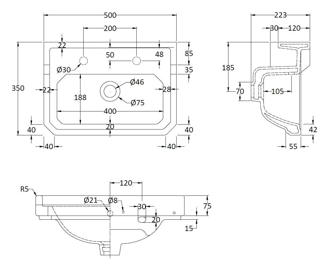 Fitzroy 500mm Basin 2 Tap Hole, Excluding Pedestal