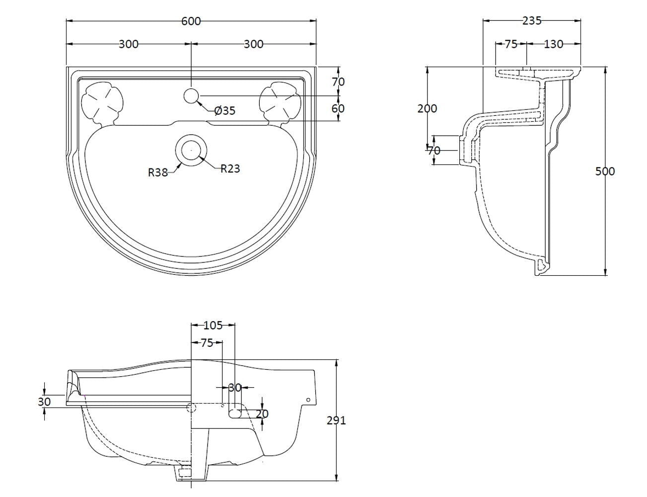 Porchester 600mm Basin 1 Tap Hole, Excluding Pedestal