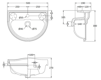 Porchester 500mm Basin 1 Tap Hole, Excluding Pedestal