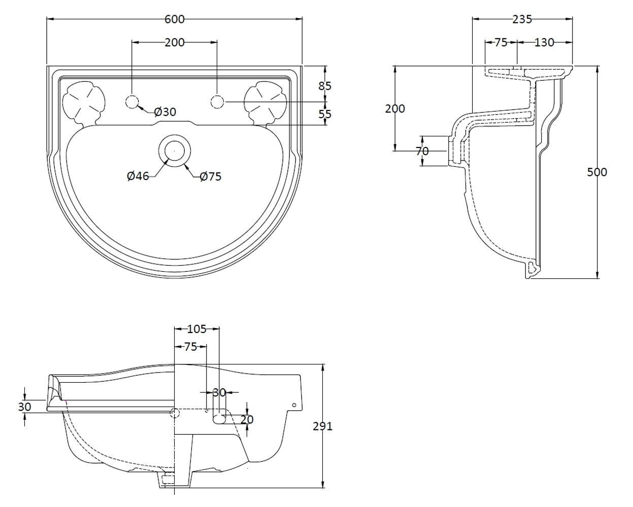 Porchester 600mm Basin 2 Tap Hole, Excluding Pedestal