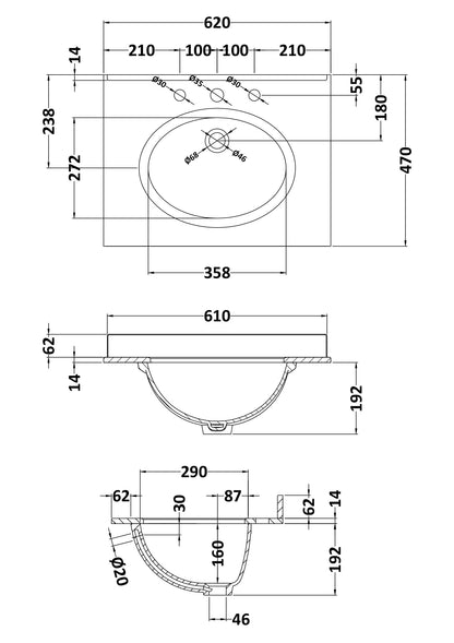 Bayswater 600mm Single Bowl 3 Tap Holes