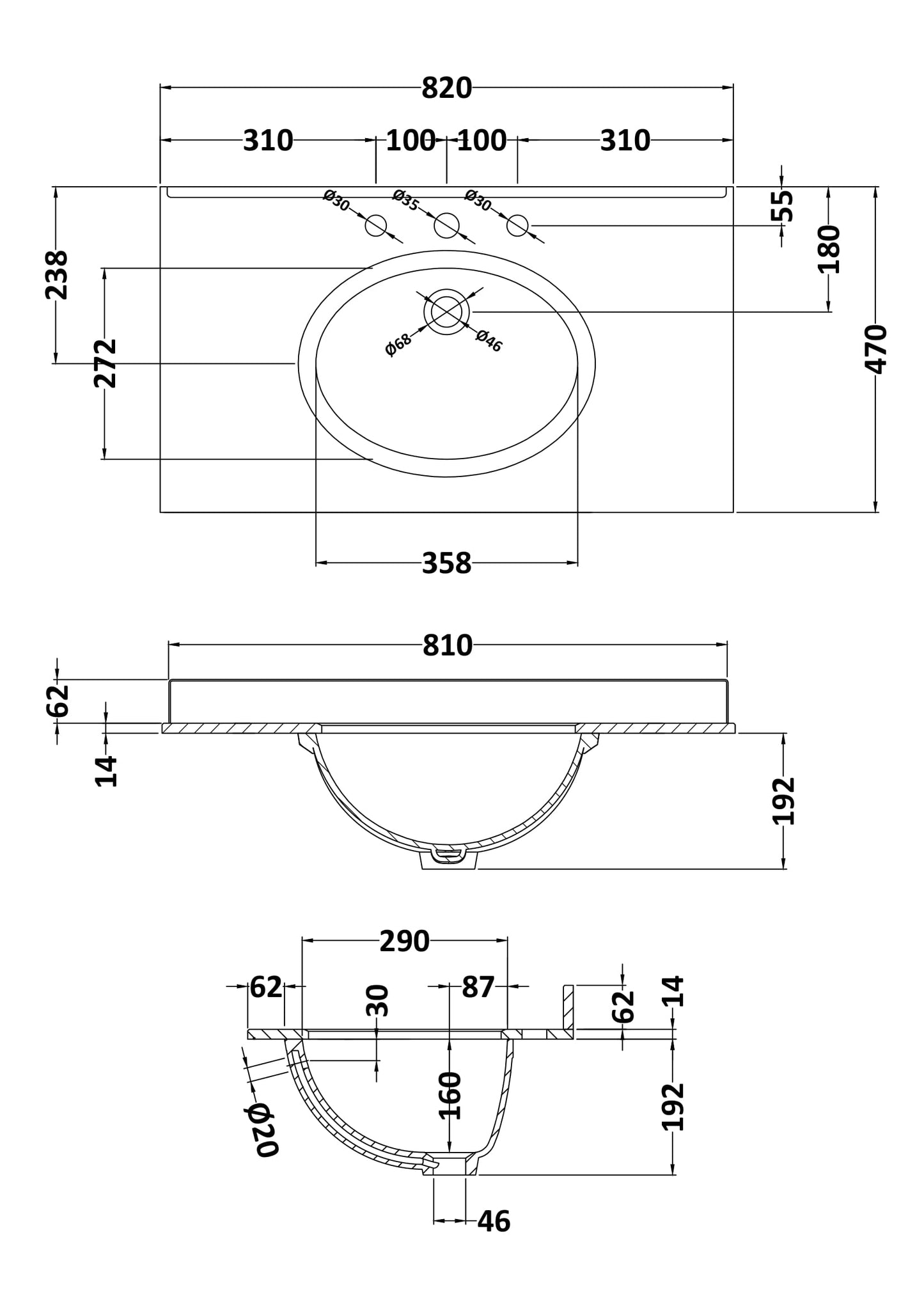 Bayswater 800mm Single Bowl 3 Tap Holes