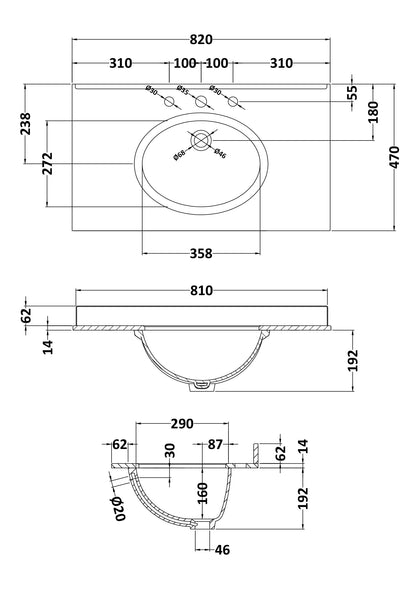 Bayswater 800mm Single Bowl 3 Tap Holes