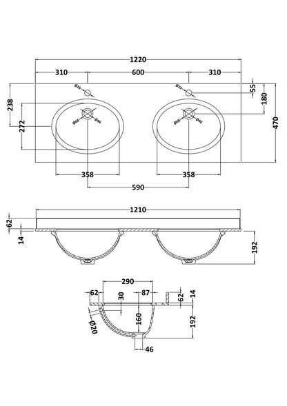 Bayswater 1200mm Double Bowl 1 Tap Hole