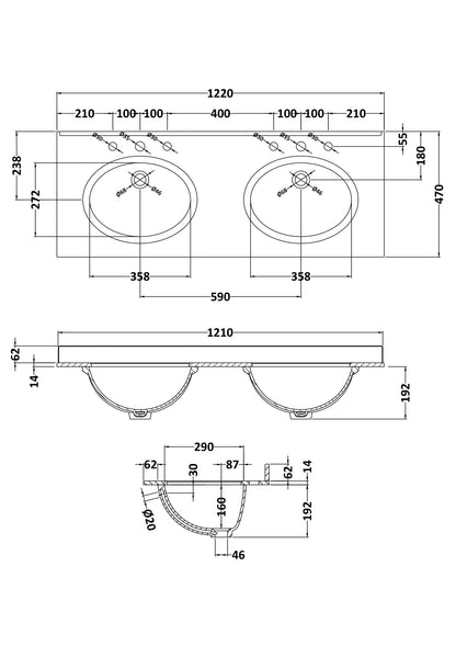 Bayswater 1200mm Double Bowl 3 Tap Holes