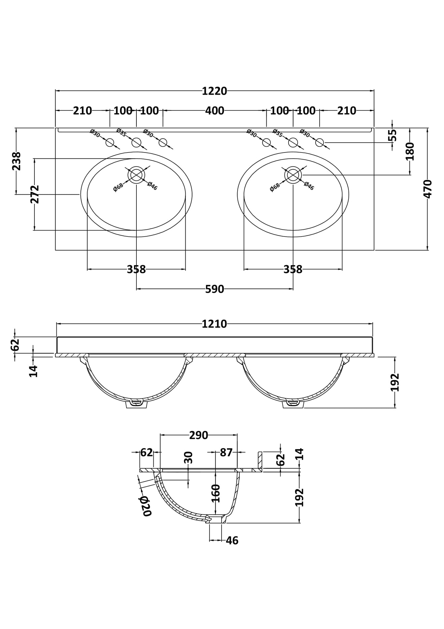 Bayswater 1200mm Double Bowl 3 Tap Holes
