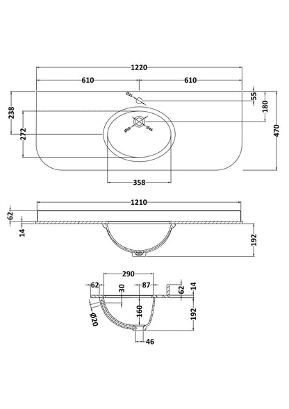 Bayswater 1200mm Single Bowl with Radius 1 Tap Hole