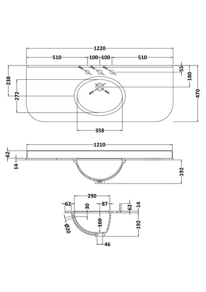 Bayswater 1200mm Single Bowl with Radius 3 Tap Holes