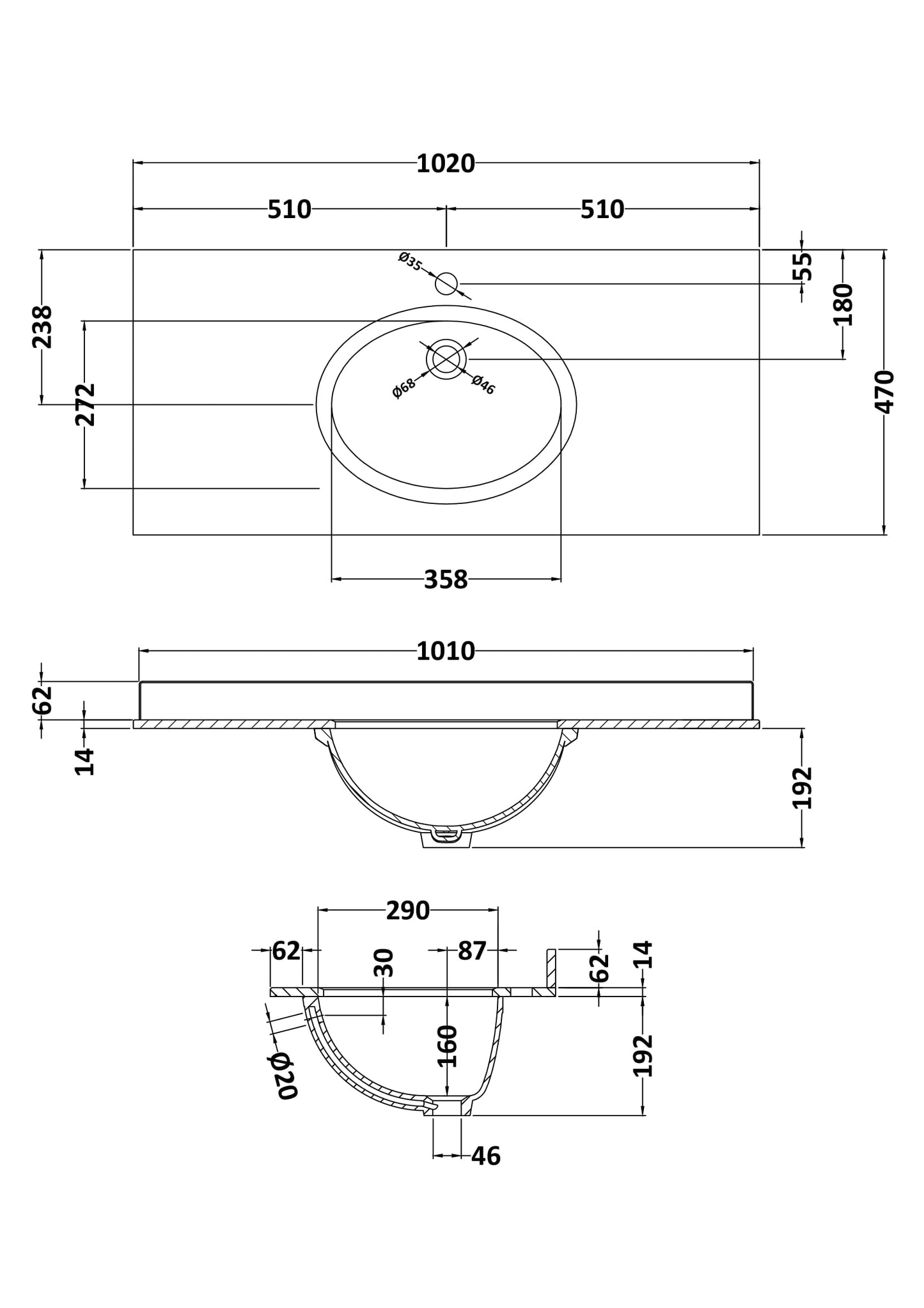 Bayswater 1000mm Single Bowl 1 Tap Hole