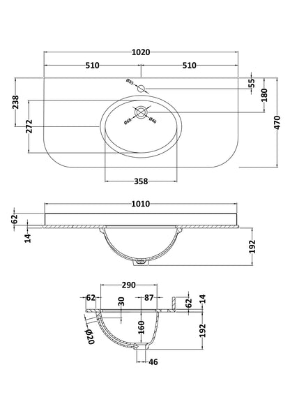 Bayswater 1000mm Single Bowl with Radius 1 Tap Hole