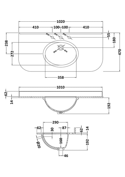 Bayswater 1000mm Single Bowl with Radius 3 Tap Holes