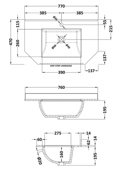 Bayswater 750mm Single Bowl Angled Marble Top 1 Tap Hole