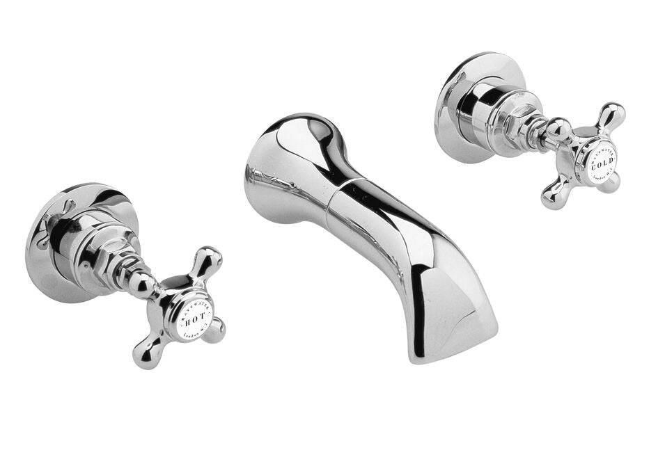 Bayswater 3-Hole Wall Mounted Basin Mixer With Spout X-Head & Hex Collar