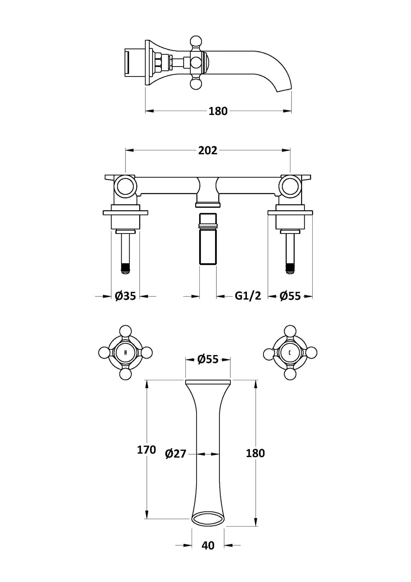 Bayswater 3-Hole Wall Mounted Basin Mixer With Spout X-Head & Hex Collar