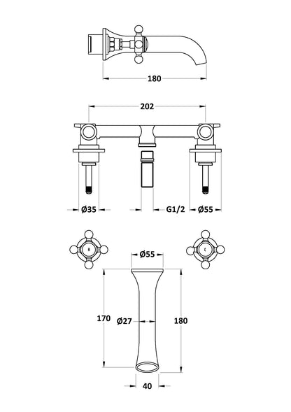 Bayswater 3-Hole Wall Mounted Basin Mixer With Spout X-Head & Hex Collar